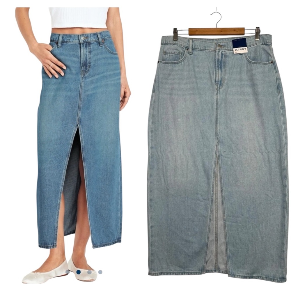 New Old Navy Denim Maxi Skirt Womens 12 Blue Mid Rise Slit Casual Jean Long